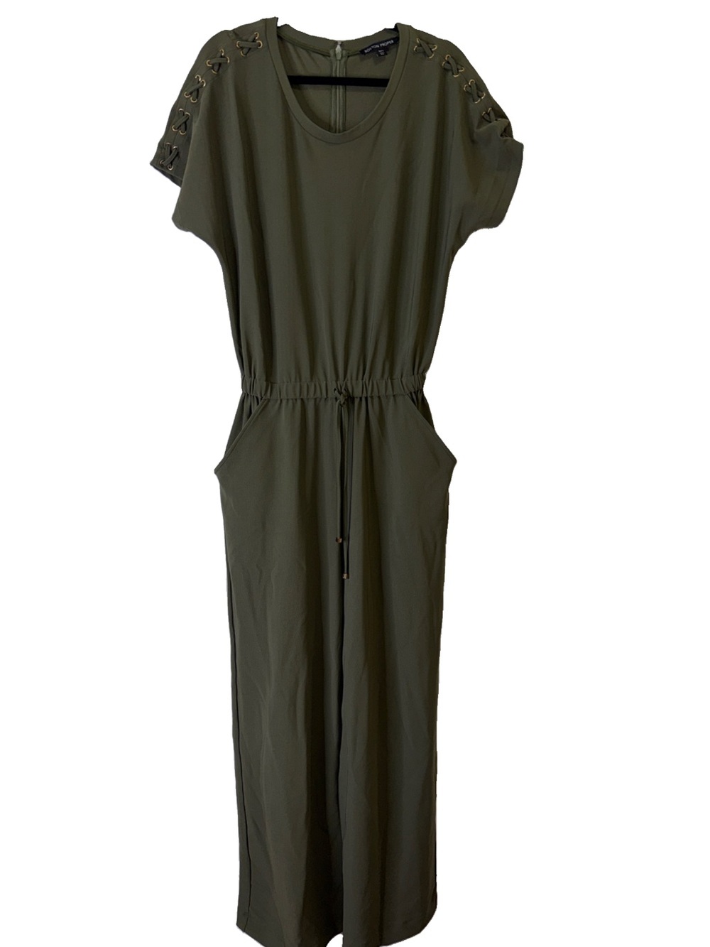 Boston Proper Jumpsuit Olive Green Short Sleeve Drawstring Wide Leg
